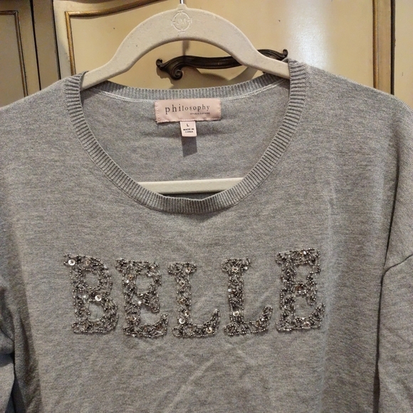 Philosophy Gray Cropped Top Long Sleeves Size L w/ BELLE Beaded Word - Picture 11 of 14